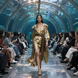 A fashion Catwalk in an underwater glass tunnel, Fashion Photography, Octane, Redshift, High Detail