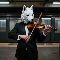 a man in a tux wearing a white wolf mask playing the violin at a dirty metro station, unnerving,  creepy, terrifying, dark, at night