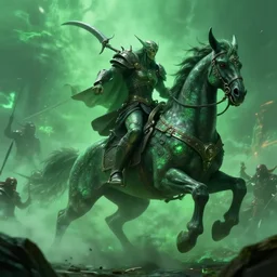 cinematic still of Nyarlathotep going to battle on his eldritch steed as he charges the enemy, green mist, 4k, masterpiece, by Greg Rutkowski, Trending on Artstation