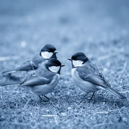 a photo of small birds standing on the ground. monochromatic blue filter.