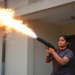 Priti Pattel Weilding A flamethrower, firing it into a building, medium shot photo 8k ultrahd