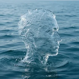 water artwork manipulation in the shape of a human head, on the ocean water, ray tracing, realistic water sharp focus, long shot, 8 k resolution, cinematic, abstract water art