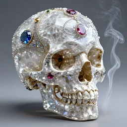 skull made of crystal covered with detailed vivid jewels, emitting smoke from the nose and mouth, giving the peace sign, with psychedelic background , unreal engine 5, enreal render, 8k