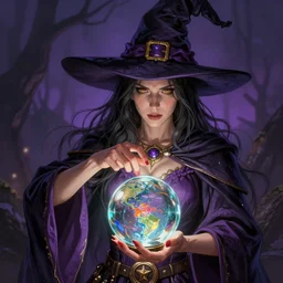 A sorceress with a witch hat casting a glass ball, detailed illustration, digital art, overdetailed art, concept art, highly saturated colors, detailed illustration, hd, 4k, digital art, Dan Mumford, Greg, Rutkowski, trending on artstation