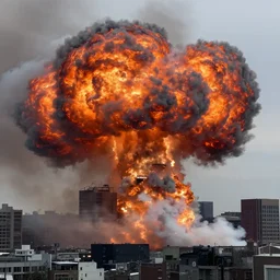 Huge explosion inside a city, smoke, Canon EOS R3, f/1.4, ISO 200, 1/160s, 8K, RAW, unedited