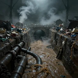 super sewer, tunnels, sludge river, effluent, pipes, warhammer 4 0 k, piles of trash, eery lighting, jets of steam, fog, matte painting
