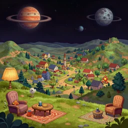 view from a hill overlooking a small town, on a remote planet, with retro sci fi furniture, from a space themed point and click 2 d graphic adventure game, detailed, set design inspired slightly by hg giger, art inspired by thomas kinkade