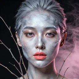 Portrait of a woman, close-up, ice on her face, steel skin, high sharpness, zeiss lens, fashion photo shoot, dry branches, gray hair, Coral lipstick, in the background black , in pink smoke, illumination half-light , Edward Buba , Annie Leibovitz , Paolo Roversi , David Lazar , Jimmy Nelsson , Eiko Hosoe , artistic, hyper-realistic, beautiful face, octane rendering