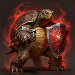 magic : the gathering fantasy character concept art by franz frazetta, high resolution. a clear portrait of an evil - looking, anthropomorphic tortoise wearing no clothing just in a big turtle shell, holding a buckler shield that has a pentagram on it, radiating a red arcane energy aura, gritty coloring, intricate, digital painting, artstation, smooth, sharp focus