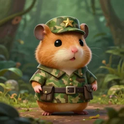 cute little anthropomorphic Hamster Soldier, ultra wide lens shot , tiny, small, Jungle camouflage,  short, cute and adorable, pretty, beautiful, DnD character art portrait, matte fantasy painting, DeviantArt Artstation, by Jason Felix by Steve Argyle by Tyler Jacobson by Peter Mohrbacher, cinematic lighting