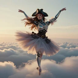 symmetry!! closeup! of a pirate girl, cyborg ballerina, in clouds, cinematic light, windy, sunrise, by gerald brom, by mikhail vrubel, by peter elson, muted colors, extreme detail, trending on artstation, 8 k