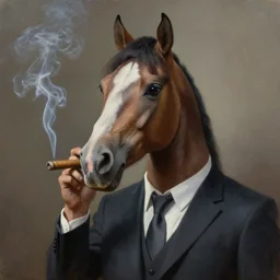 peter elson painting of an antropomorphic horse wearing a suit smoking a cigar. highly detailed, digital painting, sharp focus,