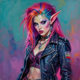 portrait of a scifi apocalyptic demonic orcish goblin female biker babe character, cool pose, psychedelic vibrant colors, futuristic punk rock fashion, oil painting by michael whelan art, sharp focus, realistic, detailed eyes, 8 0 s hair, studded leather jacket, 8 k