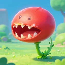 super Mario with giant Venus flytrap with a large red round head and sharp teeth and a thin green vine stem