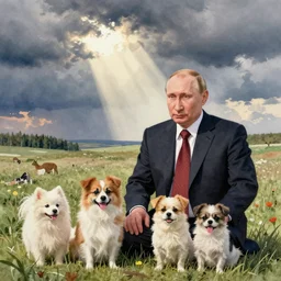 a watercolor painting of vladimir putin with cute dogs