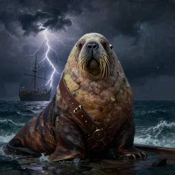 portrait of a anthropomorphic old walrus who is a pirate captain on a ship, dark storming sea and thunderstorm with lightning in the background, dark clouds, dramatic oil painting by alexander roslin, 4k, concept art highly detailed, trending on artstation, fantasy matte painting