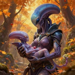 an epic fantasy comic book style portrait painting of a alien mother giving birth to a xenomorph, studio ghibli, unreal 5, daz, hyperrealistic, octane render, cosplay, rpg portrait, dynamic lighting, intricate detail, harvest fall vibrancy, cinematic