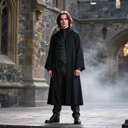 film still of young adam driver as severus snape, standing outside castle wall, glamour pose, deep focus, dramatic lighting, octane, mist, steve mccurry, volumetric lighting, 8 k