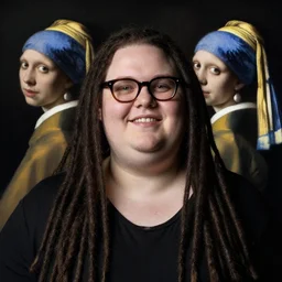 a beautiful portrait of an obese white skinned entrepreneur with long black dreadlocks and trendy glasses, by caravaggio, by rembrandt, by vermeer