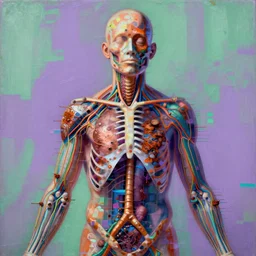 a beautiful glitched painting by robert proch of a human anatomy study of the human nervous system, color bleeding, pixel sorting, copper oxide and rust materials, brushstrokes by jeremy mann, cold top lighting, pastel purple greeble background by atelier olschinsky
