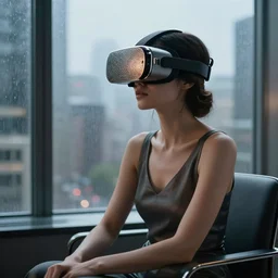 futuristic 3 0 th century woman wearing an intricate luxurious virtual reality headset sitting in front of a window with a rainy cityscape scene outside