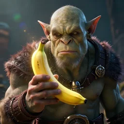 portrait art of an orc using a (((((banana as a phone))))), 8k ultra realistic , lens flare, atmosphere, glow, detailed, intricate, full of colour, cinematic lighting, trending on artstation, 4k, hyperrealistic, focused, extreme details, unreal engine 5, cinematic, masterpiece