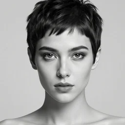 up close portrait of a beautiful woman in black and white, photorealistic, pixie cut, intricate hair, upper body, art by diego fazio and diegoKoi and oscar Ukono, concept art, sharp focus, artgerm, 8k highly detailed