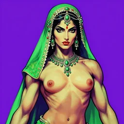 portrait of muscular indian vampiress, jeweled veil, purple and green, strong line, saturated color, beautiful! coherent! by frank frazetta, high contrast, minimalism