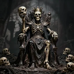 the king of death, sitting on throne, shadows, hyperrealistic, dead bodies in the background, high resolution, 8 k, dramatic lighting, holding a skull, dramatic pose, dramatic