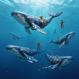 Floating steampunk alien whales over a blue ocean, Darek Zabrocki, Karlkka, Jayison Devadas, Phuoc Quan, trending on Artstation, 8K, ultra wide angle, pincushion lens effect.