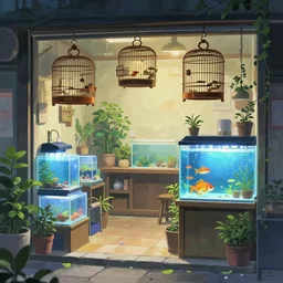 anime background clean neat clarity professional visual development set design, tiny cozy store with hanging bird cages and bright fish aquariums, sparse plants, dim painterly lighting volumetric aquatics, impasto, trending on pixiv
