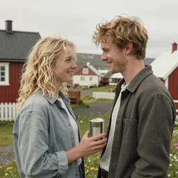 a highly detailed portrait of a young couple from the side, holding a tin can, renote icelandic village, summer, blonde hair, muted colors, joy, by tom bagshaw, trending on artstation,
