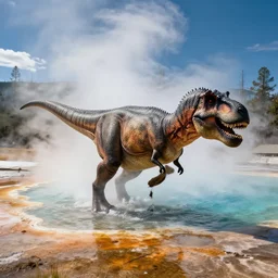 tyrannosaurus rex emerging from grand prismatic spring, fictional photography