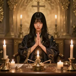 young japanese woman cult leader at an illuminati altar