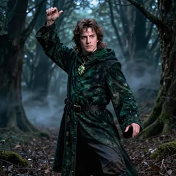 film still of salazar slytherin wearing medieval cloak, in dark forest at night, glamour pose, deep focus, dramatic lighting, octane, mist, steve mccurry, volumetric lighting, 8 k