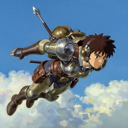 a dieselpunk valkyrie taking flight into a vivid sky, defined ilya kuvshinov face, highly detailed, cel shading, oil painting, anime key visual, in the style of hayao miyazaki and alphonse mucha