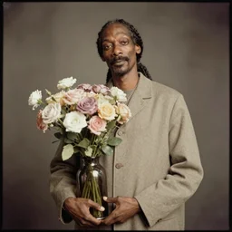 Snoop Dogg holding a Vase of flowers for a 1990s sitcom tv show, in style of Julia Margaret Cameron, Studio Photograph, portrait, C 12.0