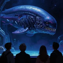 close - up view of human silhouettes watching a giant dark sci - fi alien sea creature in a giant futuristic fish tank aquarium, blue and purple colors, highly detailed science fiction painting by syd mead, roger dean, and moebius. rich colors, high contrast, cosmic black background. unreal engine, artstation.