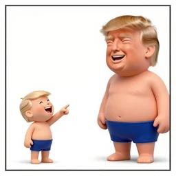 tiny person is laughing and pointing at donald trump in a swimsuit. comic strip.