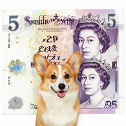 a £ 5 note but the picture of the queen has been replaced by a happy corgi