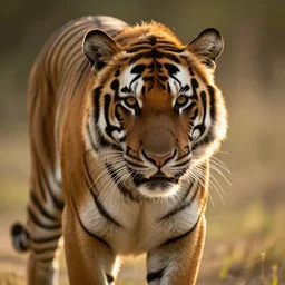 Photo of a tiger at golden hour, backlight, portrait, national geographic, close up, 85mm lens
