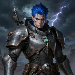 portrait of beautiful gothic and futuristic young man, warhammer, cyber armor, a lot of scars, thunderstorm, blue head, red eyes, some green, the middle ages, highly detailed, artstation, illustration, more and more compostion, 8 k quality, art by rene magritte, jean delville