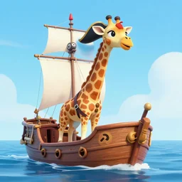 a giraffe dressed as a pirate on a ship at sea, artstation