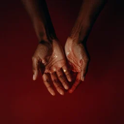 dark skin hands, emerging from dark red water, film, glowing light
