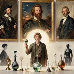 unique character with alchemical artifacts around, monumental painting by gerrit van honthorst and hajime sorayama and devis stuart, illusion surreal art, highly conceptual figurative art, intricate detailed oil illustration, controversial poster art, polish poster art 1 9 8 0