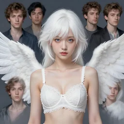 character design by claude monet, jakub rebelka, tran nguyen, yoann lossel, wadim kashin ( ( ( portrait of a white haired cute japanese girl with white wings in a white elegant bra ) ) ) sharp edges. ultra clear detailed. 8 k. ultra detailed, elegant, intricate,