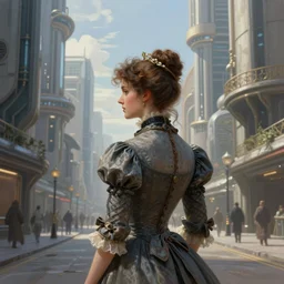 portrait of a victorian lady in a futuristic city, from behind, streets, beautiful, fully open sky, tall buildings on the sides, highly detailed, digital painting
