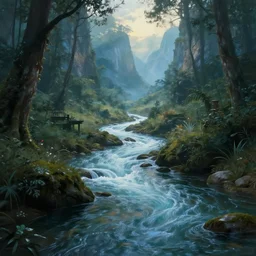 a mystical river flowing through an enchanted valley, by greg rutkowski and thomas kinkade, digital art, realistic painting, very detailed, cinematic lighting, volumetric lighting 4 k, octane render, trending on artstation