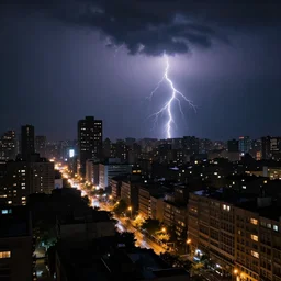 dramatic night time cityscape of a city, rain storm, lightning, dramatic, atmosphere, electric lighting, glowing signs, illuminated windows, glowing streets, moody, silhouette, shadow