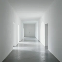 underground prison, white walls, shiny floors, minimalist, stunning, light and shadows, catwalks